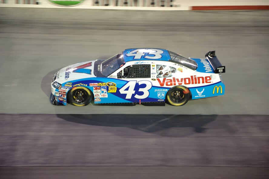 Air Force officials partnered with Richard Petty Motorsports and the storied No. 43 car, which is pictured here driven by Reed Sorenson at Bristol Motor Speedway.  Air Force Technology Transfer officials met with NASCAR and industry officials recently to discuss hearing protection and communications technology for drivers. (Photo submitted)