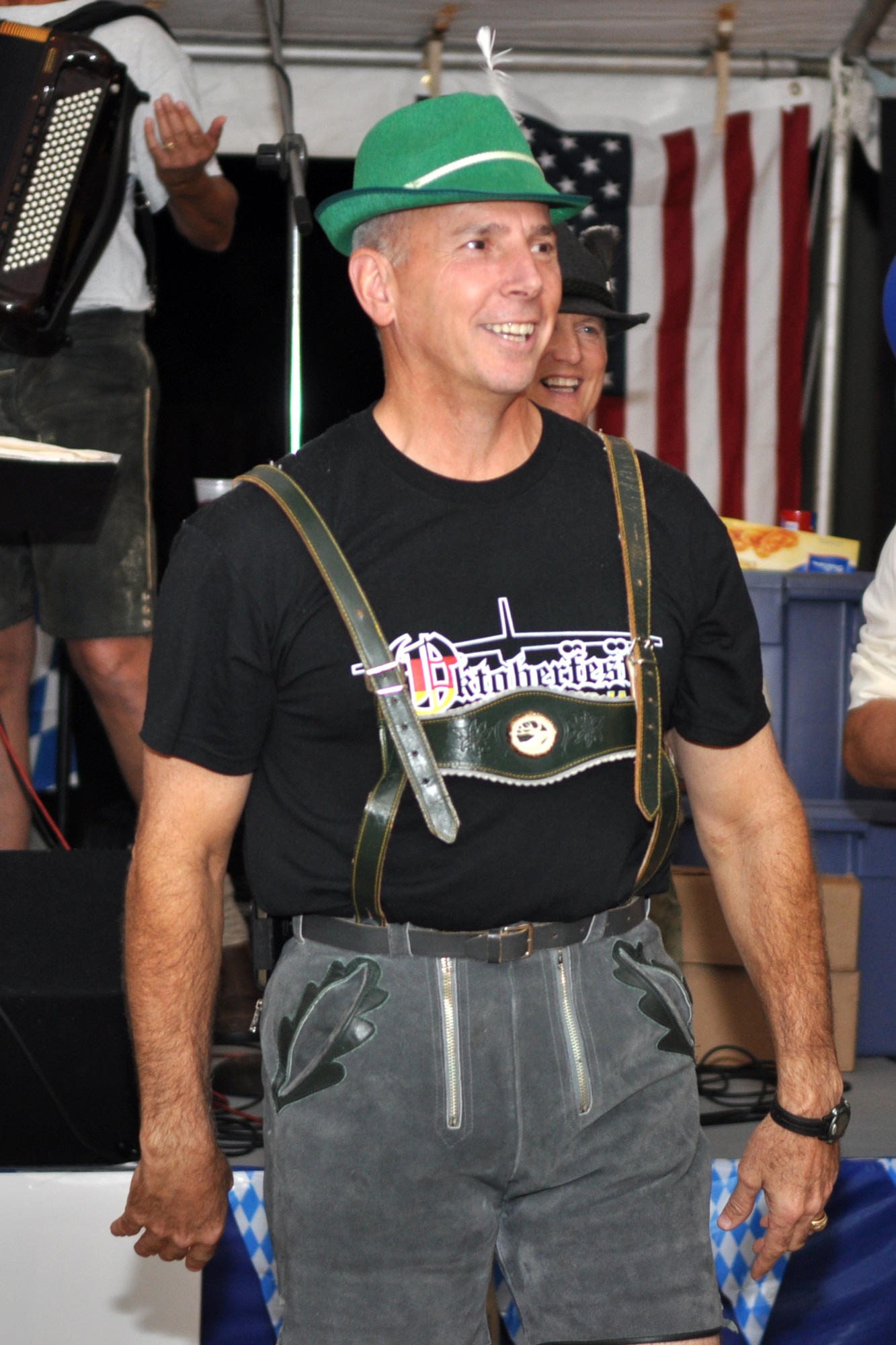 Maj. Gen. Floyd L. Carpenter, 8th Air Force, commander, takes first place in the “male” category of the costume contest at the 2nd Annual Oktoberfest celebration at Barksdale Air Force Base, La., October 2, 2009. General Carpenter was outfitted in a lederhosen ensemble, which first appeared in the German state of Bavaria. Lederhosen are particularly associated with Alpine area (especially Austria and Bavaria) but also in other parts of Europe. There is a long tradition of wearing leather pants of varying styles dating back into the early Middle Ages. The only country with a large German population where lederhosen have not commonly been worn is America. (U.S. Air Force photo/Tech. Sgt. Jeff Walston)