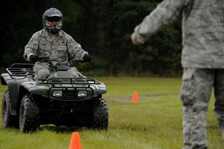 MOODY AIR FORCE BASE, Ga. -- Master Sgt. Samuel Louie, 820th Security Forces Group NCO in-charge of air operations, stops his all-terrain vehicle on command during a training course here Oct. 5. Training scenarios in the course included driving at an increased speed and coming to a sudden stop or changing direction on command. (U.S. Air Force photo by Airman 1st Class Joshua Green)