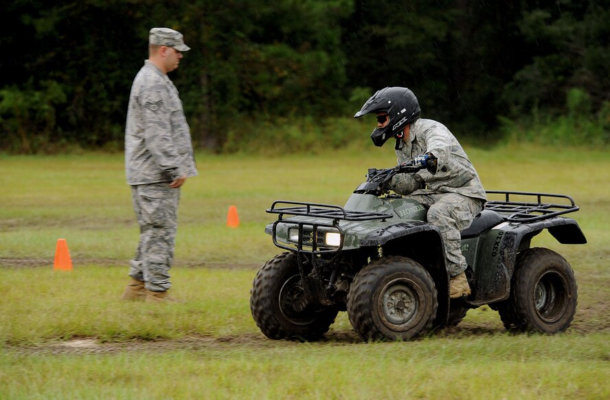 MOODY AIR FORCE BASE, Ga. -- Staff Sgt. Jonathan McQuay, 820th Combat Operations Squadron training NCO in-charge, drives around a circle during an all-terrain vehicle training course here Oct. 5. The training is designed to test an ATV operator’s ability to maintain speed and control as well as their capabilities to stop the vehicle on command. (U.S. Air Force photo by Airman 1st Class Joshua Green)