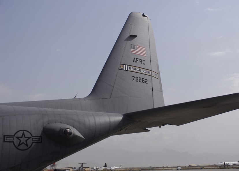 C-130 Hercules tail No. 79282 from the 440th Airlift Wing at Pope Air Force Base, N.C., was dedicated Oct. 5, 2009, at Bagram Airfield, Afghanistan, to the Army's 82nd Airborne in honor of the cohesion of the Air Force and the Army in Afghanistan. The plane sports "Bragg-Pope" on its tail flash representing the close relationship between the Fort Bragg, N.C., and Pope AFB. (U.S. Air Force photo/Senior Airman Felicia Juenke)
