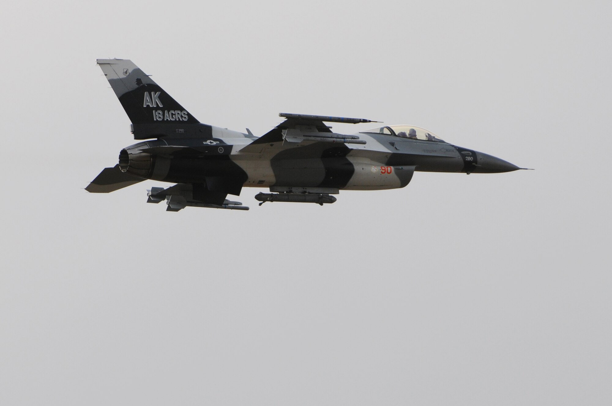 An F-16 Fighting Falcon from the 18th Aggressor Squadron launches from the runway during RED FLAG-Alaska 10-1 Oct. 6, 2009, Eielson Air Force Base, Alaska. RF-A is a Pacific Air Forces-directed field training exercise poised at giving aircrews their first 10 flights in simulated air combat conditions. (U.S. Air Force photo/Staff Sgt. Christopher Boitz)