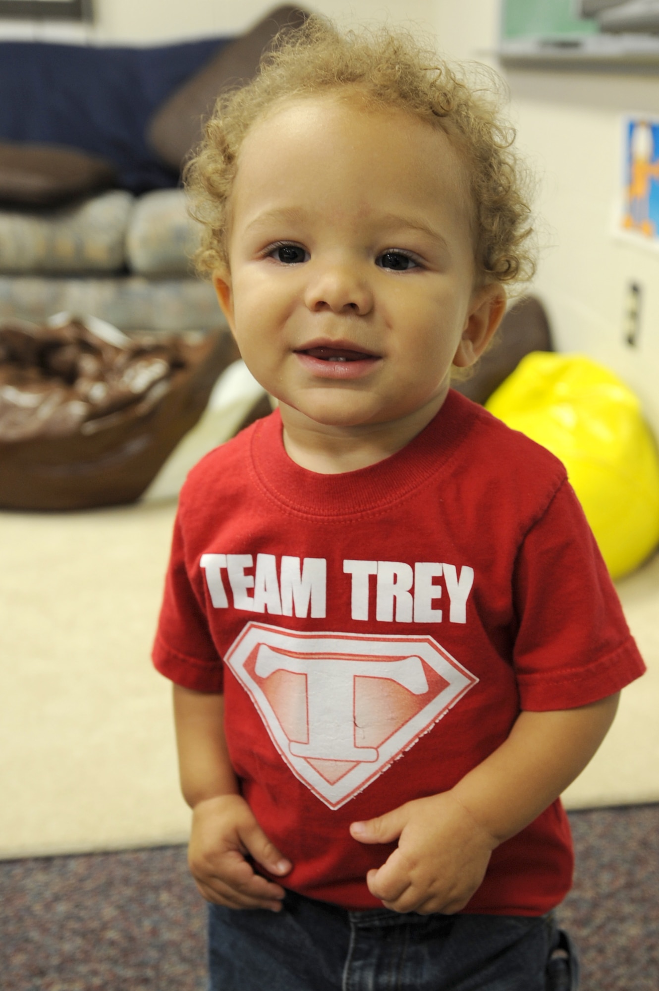 WHITEMAN AIR FORCE BASE, Mo. - Cayden Mahaney, son of Senior Airman Richard Mahaney, hangs out during the March of Dimes pizza party in honor of his little brother Trey, Oct 6. Trey Mahaney passed away of a heart condition last January and supporting March of Dimes is a way for the Mahaney Family to raise awarenss about the health of babies, preventing birth defects, pre-mature birth and infant mortality. (U.S. Air Force photo by Airman 1st Class Carlin Leslie)