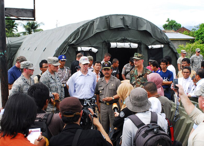PADANG, Indonesia -- Fauzi Bahar, Mayor of Padang, speaks with local media Oct. 6 to welcome and thank the  Air Force Humanitarian Assistance Rapid Response Team for bringing much needed medical assistance to the earthquake ravaged region. (U.S. Air Force photo/Staff Sgt. Veronica Pierce)