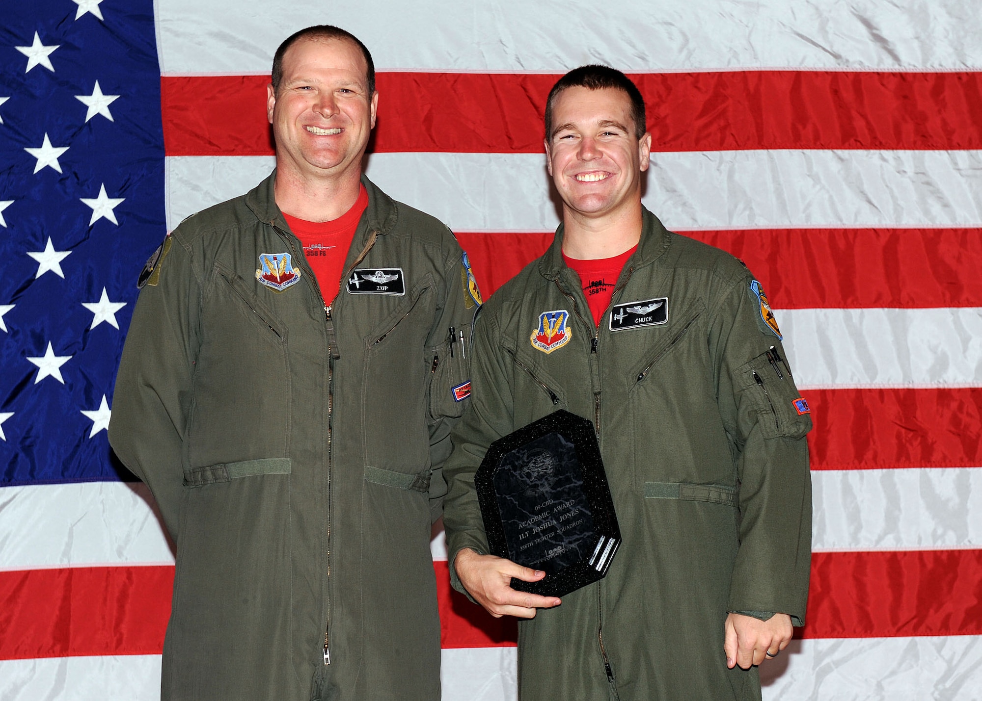 Lt. Col. Thomas Zupancich, 358th Fighter Squadron commander, presents 1st Lt. Joshua Jones, 358th Fighter Squadron, with the academic award during the A-10A course graduation here Oct. 2. Lieutenant Jones was one of nine pilots to graduate the last A-10A class, which has been taught here for 32 years. The course is a six-month class that provides the pilots with 215 hours of academics, 52 hours in the simulator, 41 sorties, and 87 hours of flying time. With training complete, each pilot is now bound for their first operational assignment and some may even see combat within a matter of months. The pilots will also eventually cycle back here for the conversion course. (U.S. Air Force Photo/Senior Airman Jacqueline Romero)

