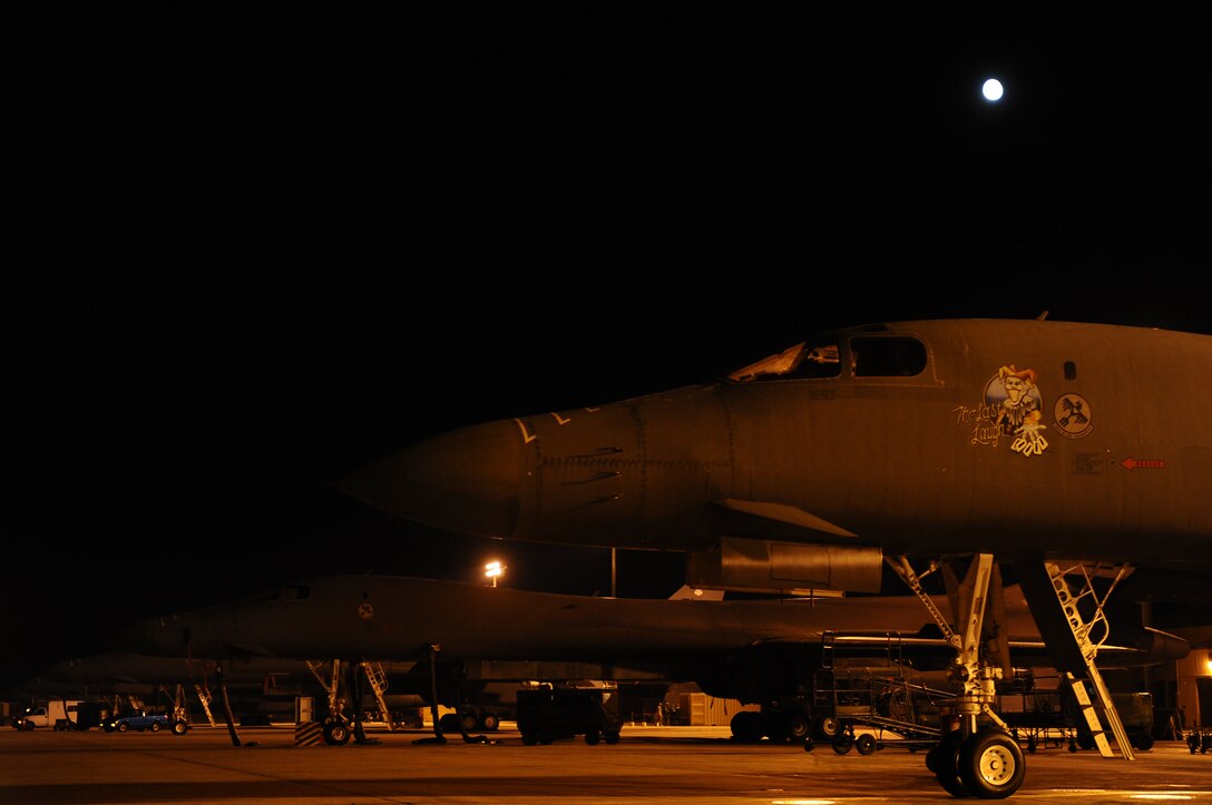 B-1B Lancers sit on the flightline here, October 6.  The B-1 can rapidly deliver massive quantities of precision and non-precision weapons against any adversary, anywhere in the world. (U.S. Air Force photo/Airman 1st Class Joshua J. Seybert) (Released)