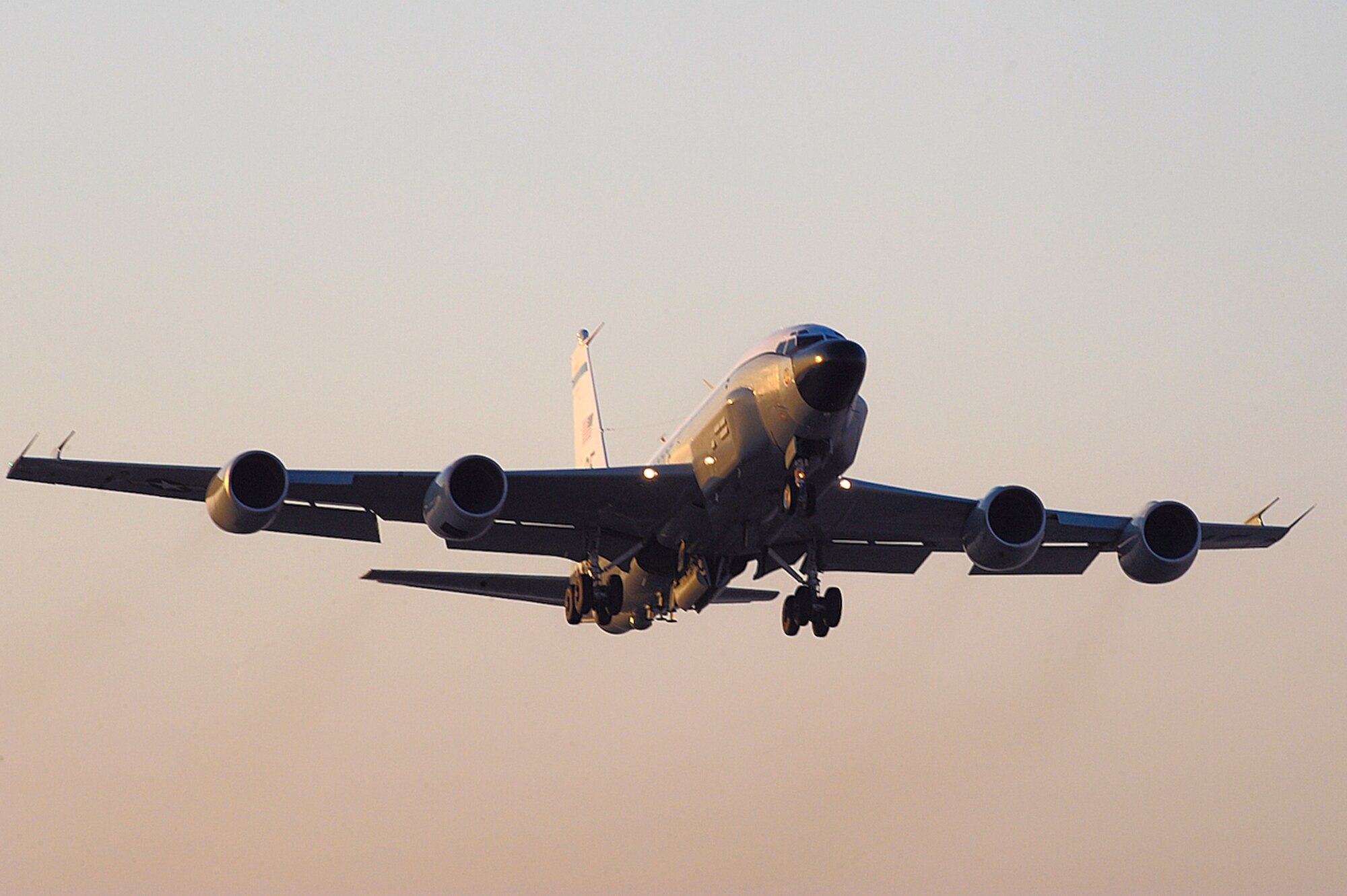 SOUTHWEST ASIA - An RC-135 Rivet Joint from the 763rd Expeditionary Reconnaissance Squadron, takes off from an undisclosed location in Southwest Asia in support of Operations Iraqi Freedom and Enduring Freedom. As of Oct. 7, the Rivet Joint reconnaissance aircraft, deployed from Offutt Air Force Base, Neb., has had its personnel and aircraft deployed in the U.S. Central Command area of responsibility every day for the past 7,000 days. The RC-135 provides near real-time on-scene intelligence collection, analysis and dissemination capabilities to theater and national-level consumers. U.S. Air Force Photo by Staff Sgt. Joshua Garcia
