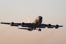 SOUTHWEST ASIA - An RC-135 Rivet Joint from the 763rd Expeditionary Reconnaissance Squadron, takes off from an undisclosed location in Southwest Asia in support of Operations Iraqi Freedom and Enduring Freedom. As of Oct. 7, the Rivet Joint reconnaissance aircraft, deployed from Offutt Air Force Base, Neb., has had its personnel and aircraft deployed in the U.S. Central Command area of responsibility every day for the past 7,000 days. The RC-135 provides near real-time on-scene intelligence collection, analysis and dissemination capabilities to theater and national-level consumers. U.S. Air Force Photo by Staff Sgt. Joshua Garcia