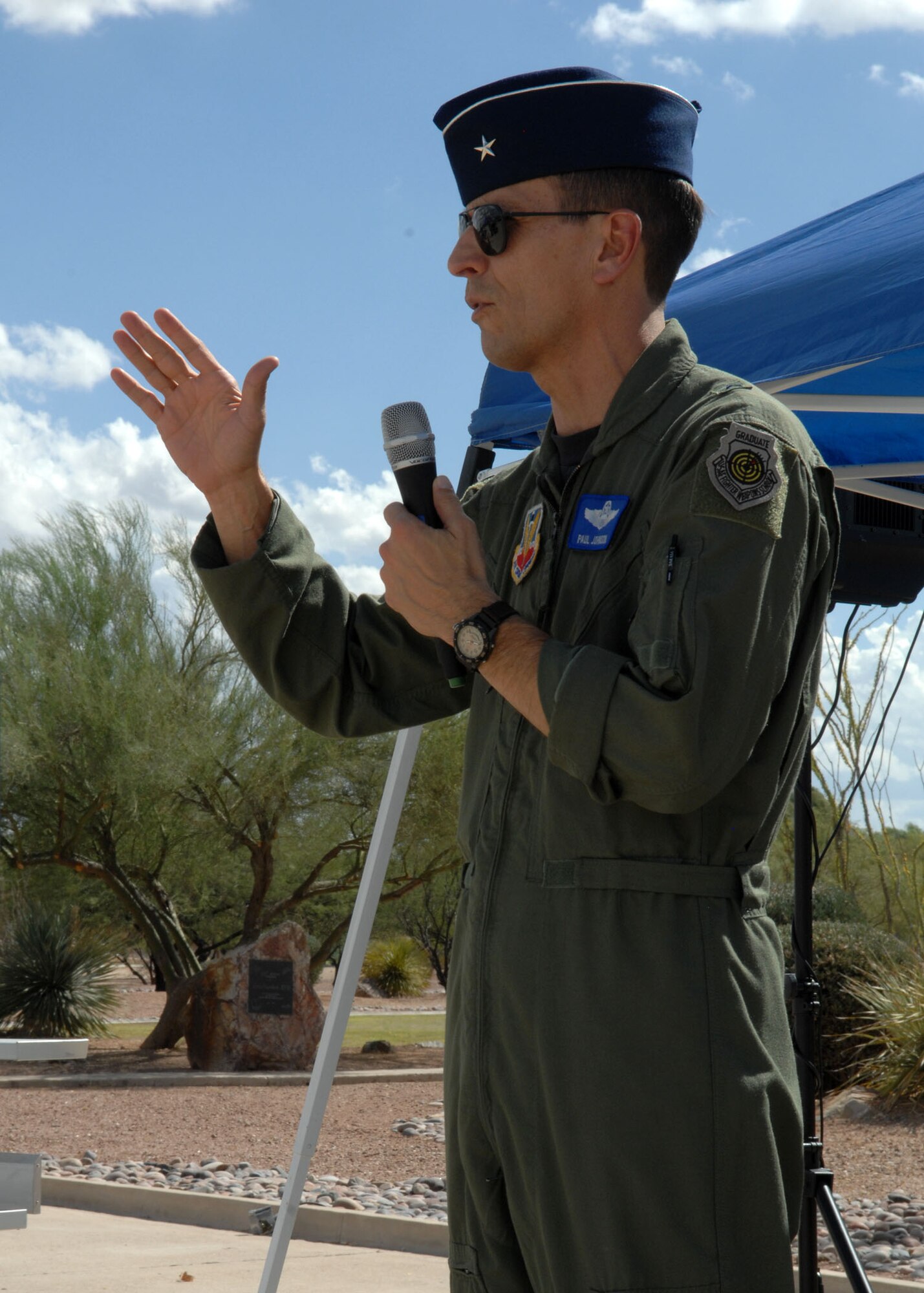 Brig. Gen. Paul Johnson, 355th Fighter Wing commander, addressed the crowd during Safety Day at Heritage Park Sept. 30. The annual event was hosted by the 355th Fighter Wing Safety office.  (U.S. Air Force photo/Airman Jerilyn Quintanilla)
