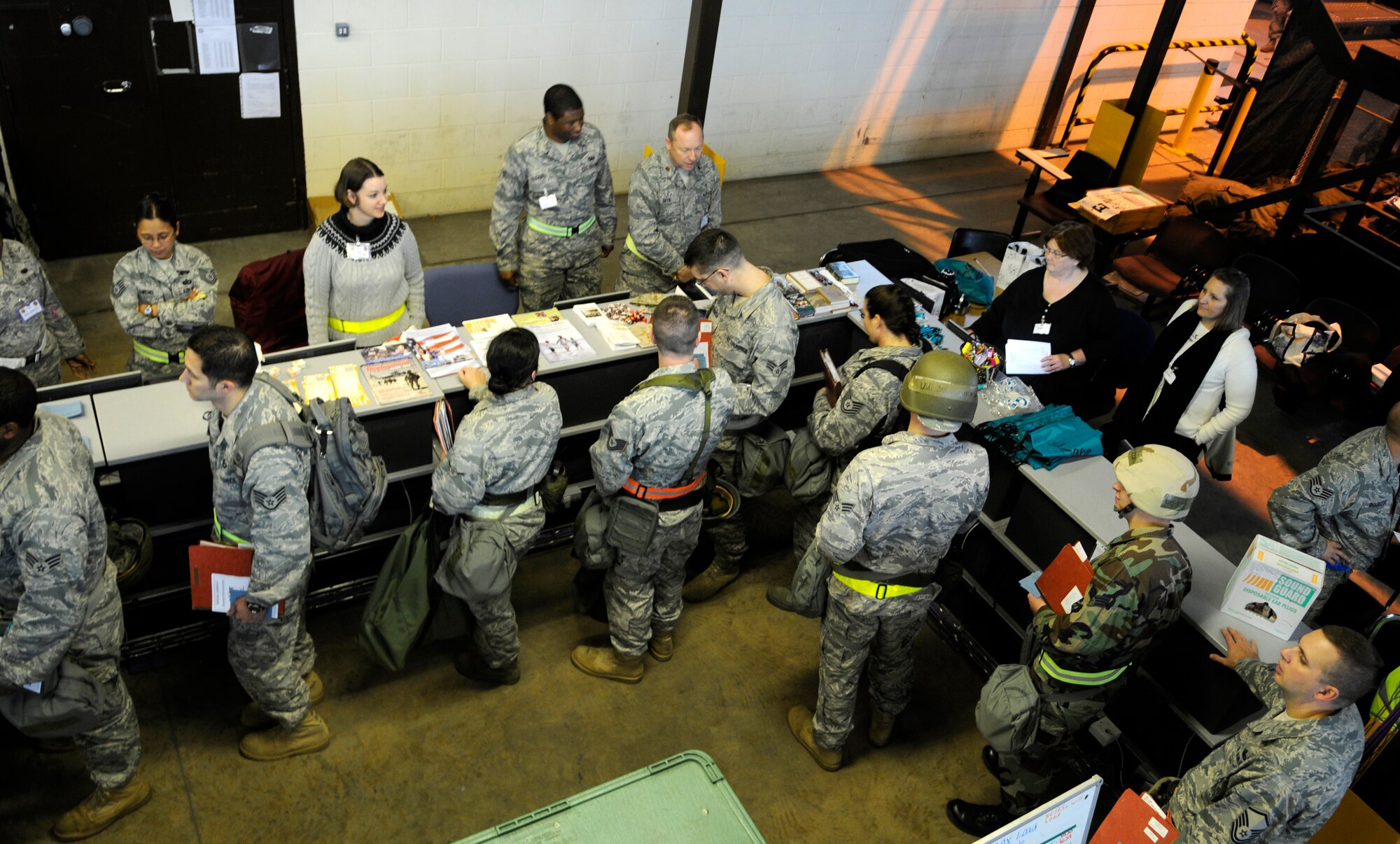 RAF MILDENHALL, England – A processing line prepares Airmen for downrange contingencies during the Phase I Operation Readiness Inspection Oct. 7.  The processing line makes sure Airmen have everything they need in a deployed environment.  (U.S. Air Force photo by Staff Sgt. Christopher L. Ingersoll)