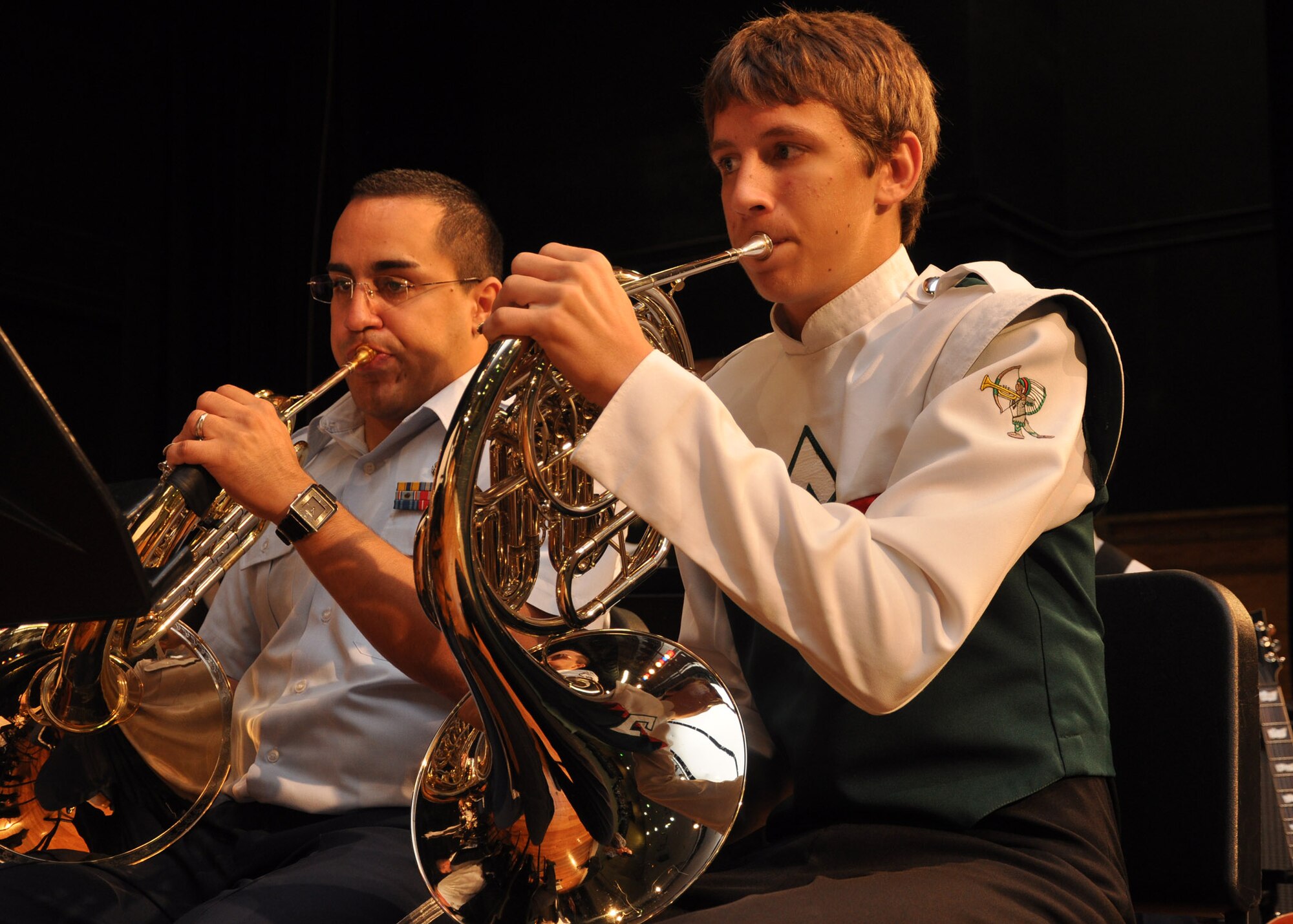 Staff Sgt. Juan Jimenez, Band of the United States Air Force Reserve, and Sean Whilden, Choctawhatchee High School band member, play John Philip Sousa’s “The Gallant Seventh,” during a concert at the high school Oct. 2 in Fort Walton Beach. The 40-member reserve band played for more than 300 band members from the high school and local middle school.  (U.S. Air Force photo/Staff Sgt. Bryan Franks)