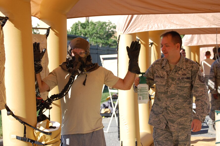 SEYMOUR JOHNSON AIR FORCE BASE, N.C. -- Air crews train on decontamination procedures at the 916th Air Refueling Wing. U.S. Air Force photo by Ms. Donna Lea, 916ARW/PA.