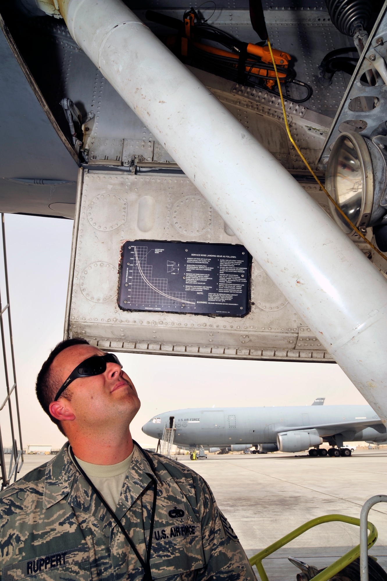 SOUTHWEST ASIA -Staff Sgt. Michael Ruppert, 380th Expeditionary Maintenance Group, checks for the nose landing gear down-lock pin during a follow-up inspection here Oct. 6, 2009. Sergeant Ruppert evaluated a dropped object prevention (DOP) inspection, completed earlier by an aircraft maintenance technician. Sergeant Ruppert is deployed from McGuire Air Force Base, N.J., and grew up in Ft. Myers, Fla. (U.S. Air Force photo/Tech. Sgt. Charles Larkin Sr)
