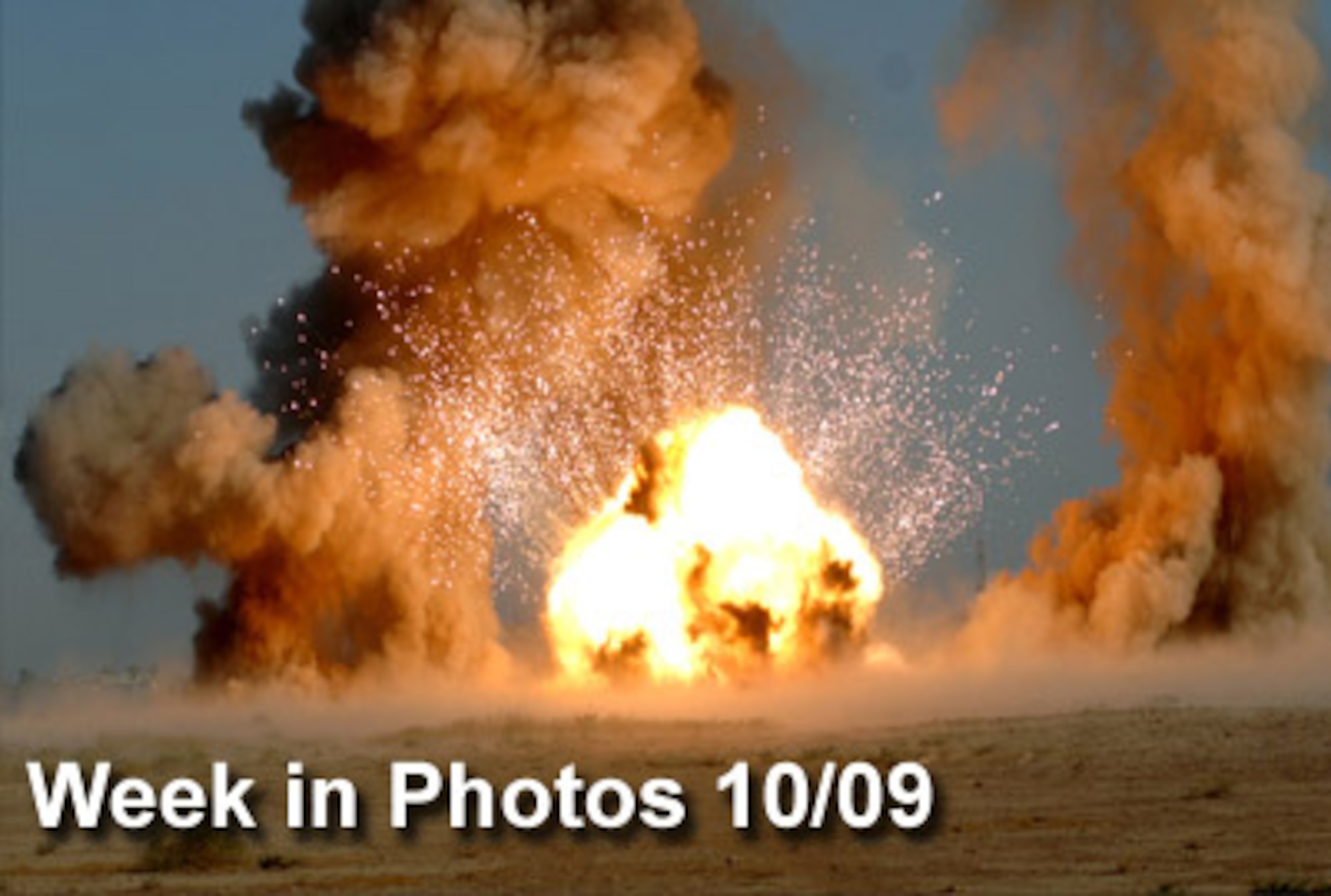 Air Force Week in Photos for Oct. 9 highlights photos from around the Air Force. In this photo by Senior Airman Christopher Hubenthal, explosive ordnance disposal technicians from the 332nd Expeditionary Civil Engineer Squadron conduct a controlled detonation Sept. 30, 2009, at Joint Base Balad, Iraq. (U.S. Air Force illustration)