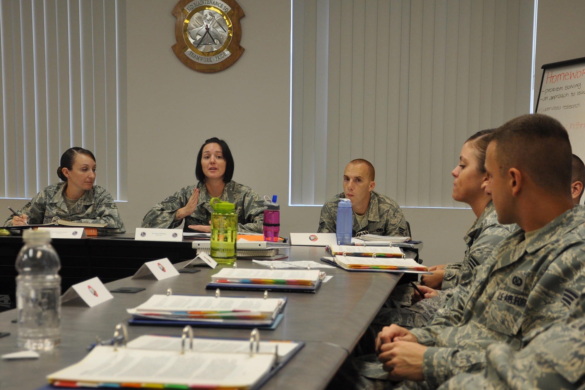 Airmen participate in a role playing exercise as the rest of the class plays the role of supervisors during a class on resolving conflict as a part of their Airmen Leadership School curriculum Oct. 8 here. Class began Sept. 16 for 48 Team Eglin Airmen as they begin down the path of a non-commissioned officer. The ALS program here was named Air Force ALS Program of the Year for 2008. (U.S. Air Force photo/Staff Sgt. Bryan Franks)

Editor’s note: This is the third in the series following ALS Class 10-Alpha all the way to graduation
