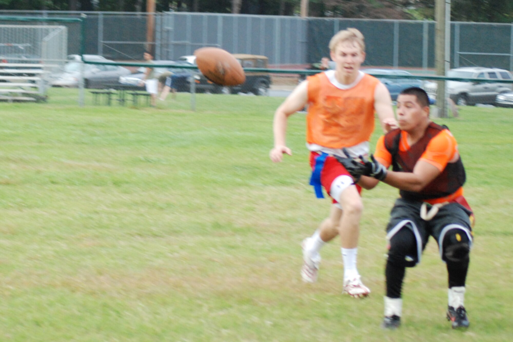 Gill Bozeman of the 22nd Air Force flag football team scrambles to block a pass against the Clay National Guard Center Allstars Oct. 6. 22nd AF defeated the CNGC Allstars 18-6. (U.S. Air Force photo/Tech. Sgt. James Branch)