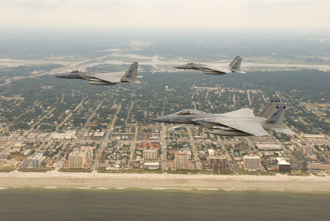 F-15 Eagles from the 125th Fighter Wing fly over the City of Jacksonville on October 4, 2009, Jacksonville, Fl. (Air  Force Photo by Tech. Sgt. Shelley Gill)