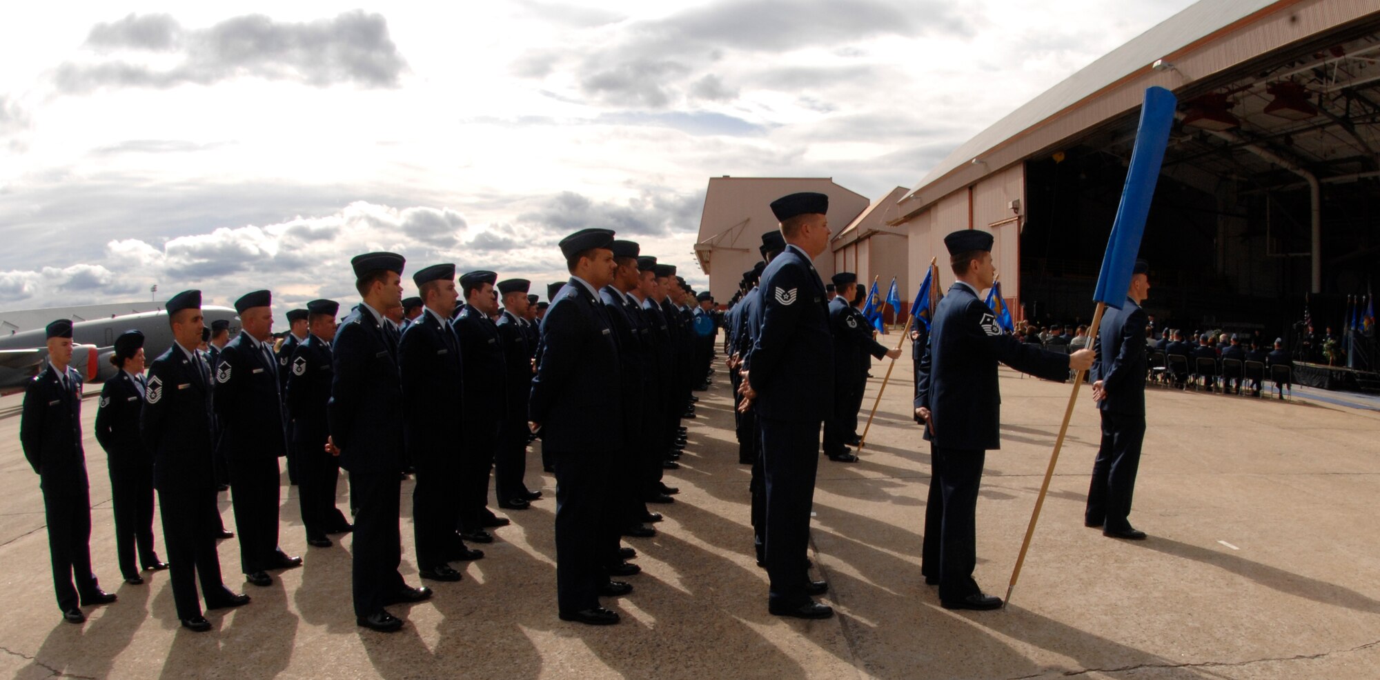 Members of the 64th Air Refueling Squadron await activation at Pease Air National Guard Base, N.H., Oct. 2, 2009. The 64th ARS is the first active-duty unit to return to Pease since 1991. (U.S. Air Force photo/Senior Airman Laura Suttles)