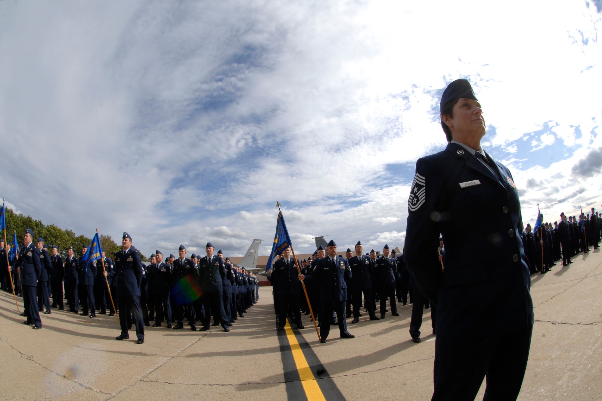 Members of the 64th Air Refueling Squadron stand at parade rest during their unit’s activation ceremony, Oct. 2, 2009, at Pease Air National Guard Base, N. H. The history of the 64th ARS dates back to 1942, when it was a troop carrier squadron. Between 1943 and 1952, the unit flew aerial transportation and evacuation missions. From 1953 to 1997, the squadron provided airlift services during the Vietnam War and to Operations Desert Storm and Desert Shield. It was inactivated in 1997 but re-designated as a refueling squadron in 2002. The squadron was again disbanded in 2008, until its reactivation at Pease. (U.S. Air Force photo by Staff Sgt. Amanda Currier)