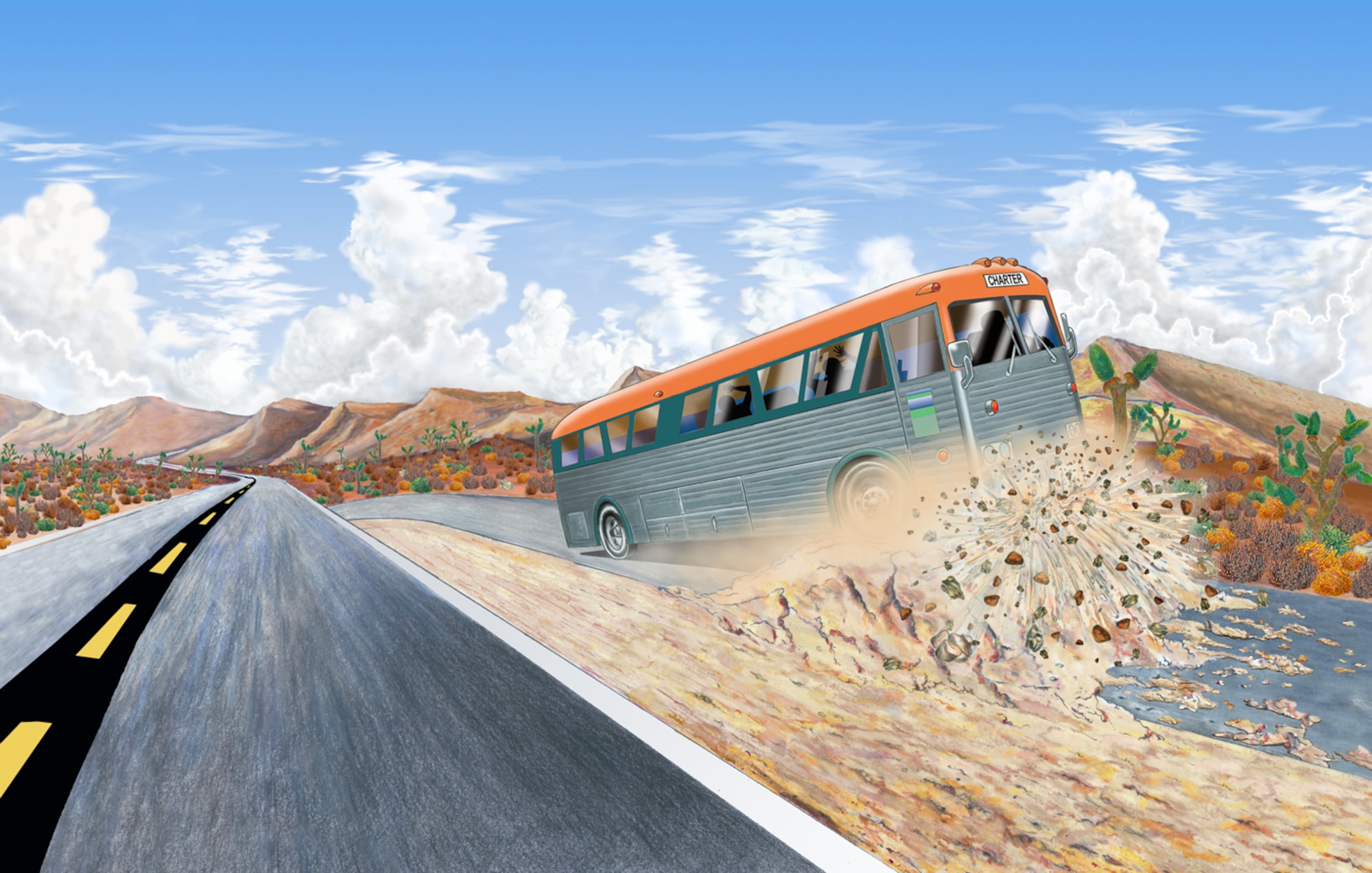 DISASTER IN THE DESERT - Bus crash survivor and Air Force helicopter crew that saved her are forever linked. (Color illustration by Sammie W. King)