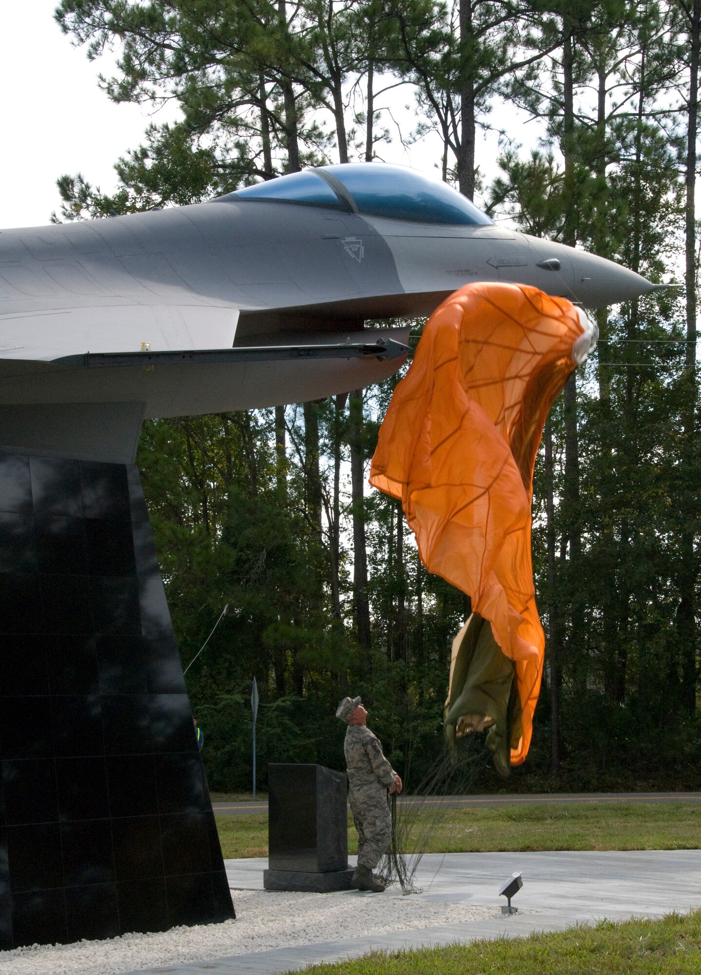 The new F16 static display was dedicated on October 4th, 2009 to the men and women of the 125th Fighter Wing who helped maintain and fly the aircraft while it was assigned to the unit.  Master Sgt. Michael Ramsey had the honor of unveiling the aircraft.  (Florida Air National Guard photo by SSgt Jaclyn Carver)