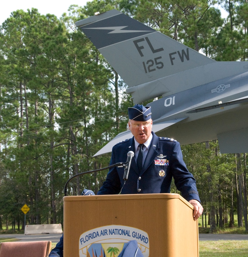 The new F16 static display was dedicated on October 4th, 2009 to the men and women of the 125th Fighter Wing who helped maintain and fly the aircraft while it was assigned to the unit.  General Craig McKinley, Chief of the National Guard Bureau, attended the ceremony.  Gen. McKinley was Commander of the 125th Fighter Wing during the time it flew the F-16.  (Florida Air National Guard photo by SSgt Jaclyn Carver)