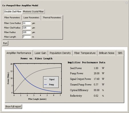 Screen-shot of the fiber amplifier graphical user interface, a software system in Mathematica to simulate fiber lasers (Artwork credit: Clint Zeringue)