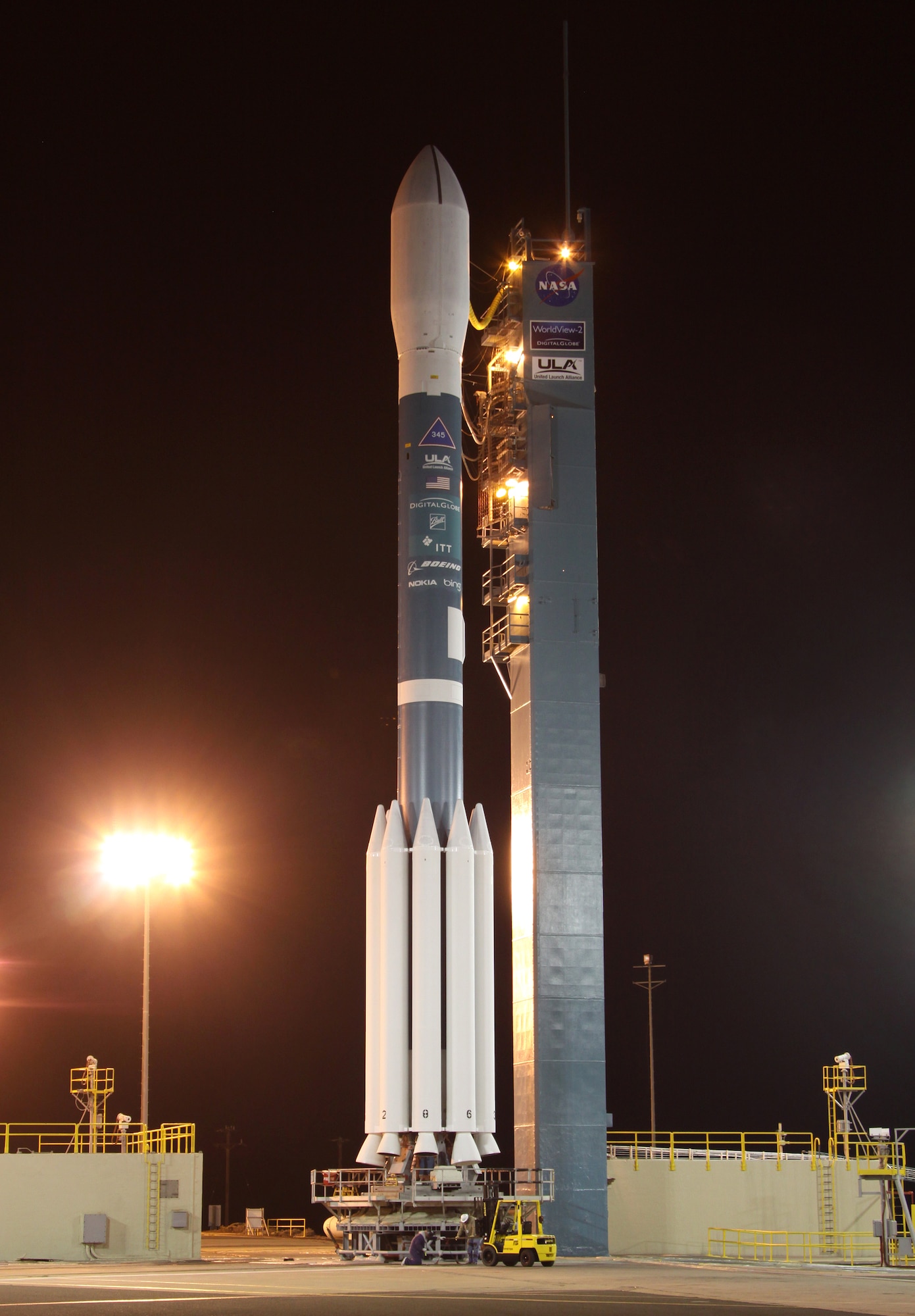 VANDENBERG AIR FORCE BASE, Calif. -- A Delta II rocket sits poised on its Space Launch Complex-2 launch pad with the Digital Globe WorldView-2 spacecraft ready to launch today. The launch window for today’s launch lasts until 11:52 a.m. and there is currently a 100 percent chance of acceptable weather for the launch window. (Courtesy photo)