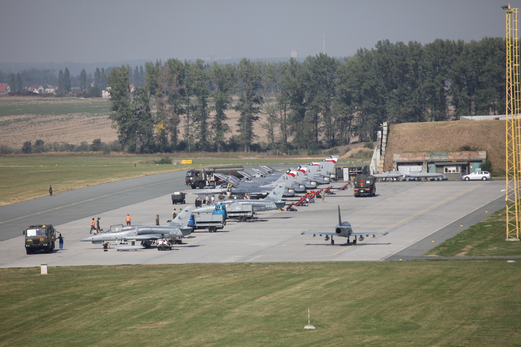 Czech Alcas and U.S. F-16s sit side-by-side on the ramp at Caslav Air Base.  Members of the Texas Air National Guard’s 149th Fighter Wing were in the Czech Republic conducting mutual training as part of the National Guard’s state partnership program.  (U.S. Air Force photo by Senior Master Sgt Miguel Arellano)