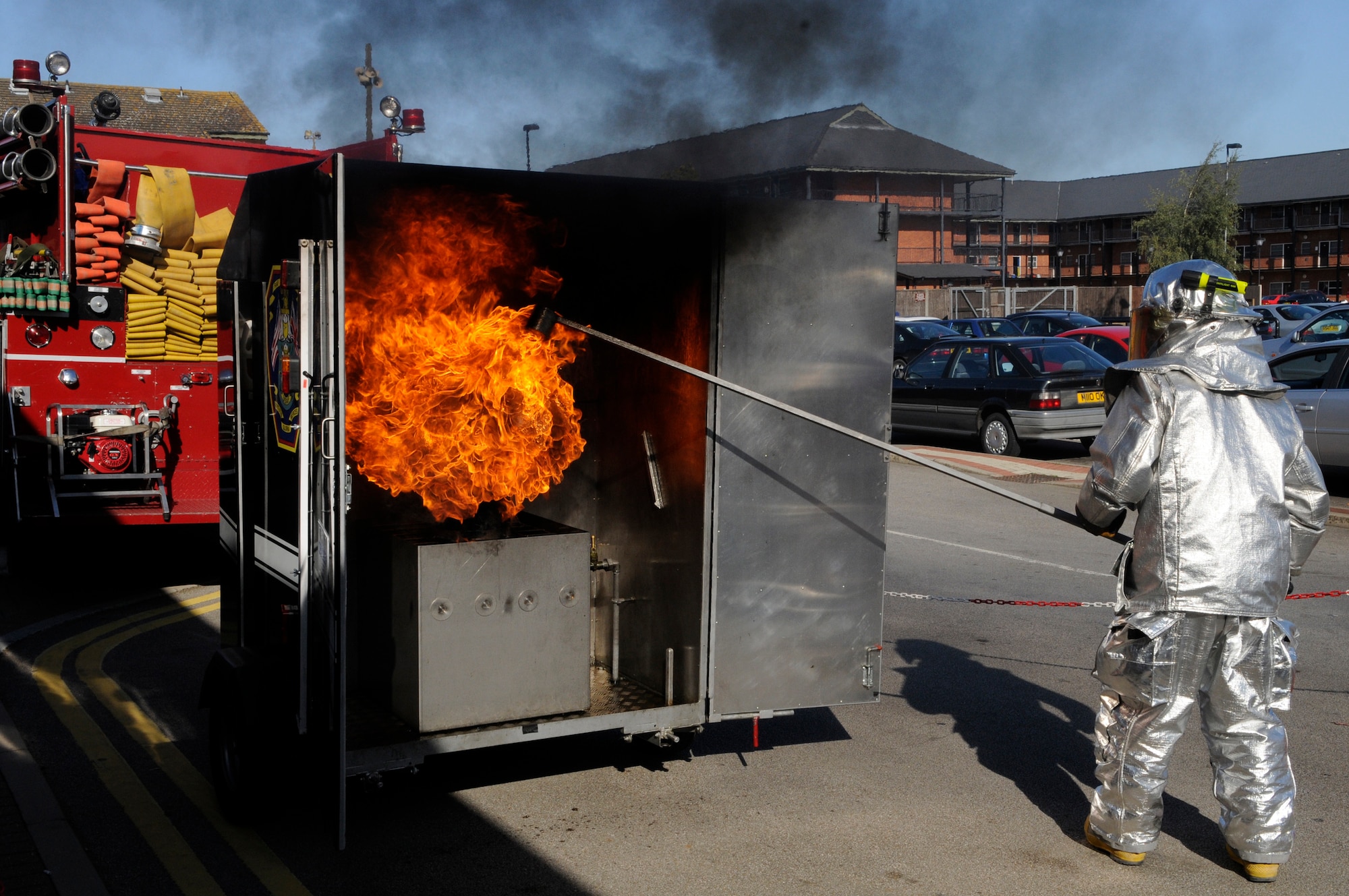 RAF MILDENHALL, England – RAF Mildenhall firefighters show the dangers of pouring water on a grease fire Oct. 8 as part of several fire-awareness events being held here during Fire Prevention Week.  (U.S. Air Force photo/Staff Sgt. Christopher L. Ingersoll)