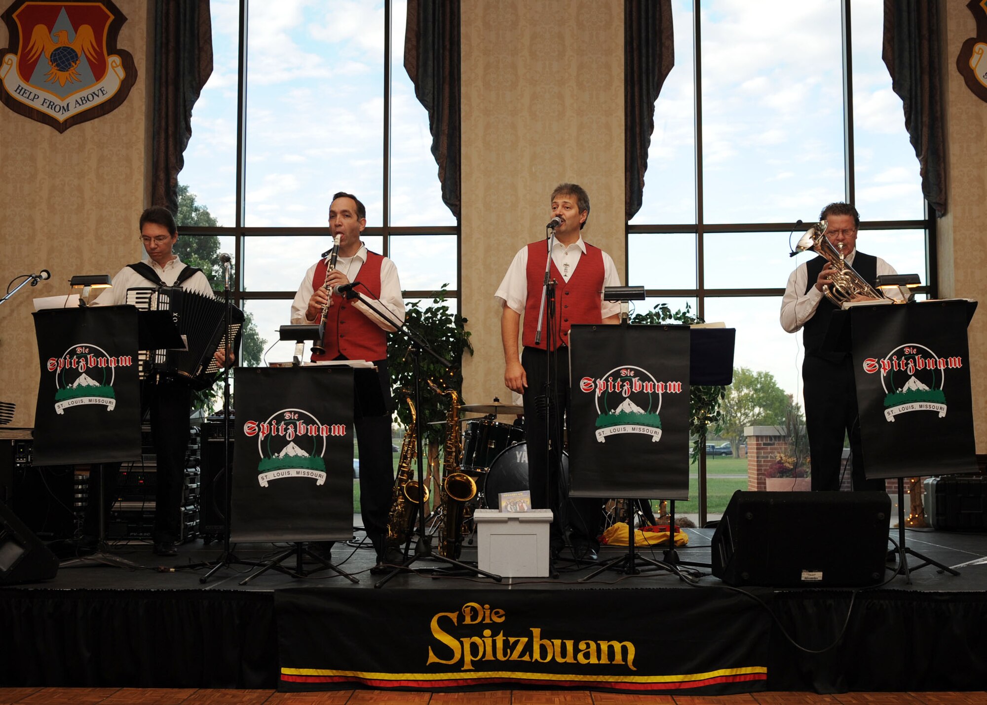 SCOTT AIR FORCE BASE, Ill. – Members of the St. Louis-based band Die Spitzbuam perform for the crowd at Oktoberfest held Sept. 7 at the Scott Club. This yearly event featured music and German food items such as sauerkraut, bratwursts, rye bread and schnitzel. (U.S. Air Force photo by Airman 1st Class Wesley Farnsworth)