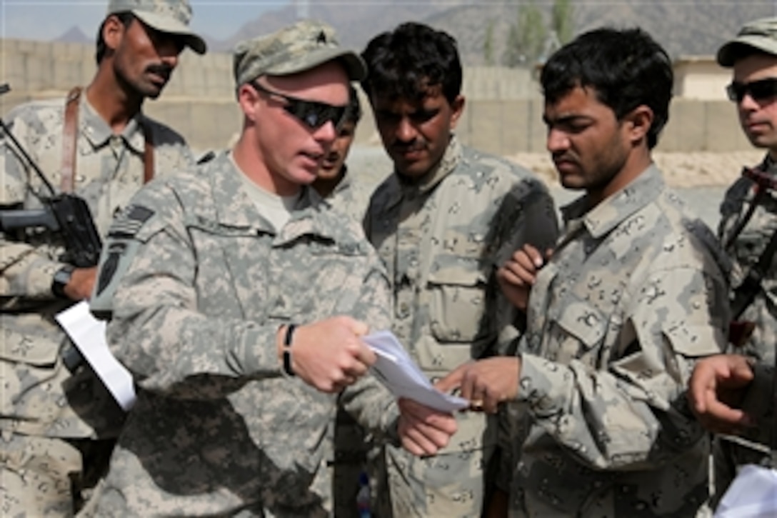 U.S. Army Sgt. Wesley Woodard uses a sketch to illustrate a proper patrol formation while training Afghan Border Policemen at Combat Outpost Herrera, Afghanistan, on Oct. 5, 2009.  The training is part of the Combined Action Academy, which is a four-week program on basic soldiering skills taught by U.S. soldiers with Apache Troop, 1st Squadron, 40th Cavalry Regiment.  DoD photo by Staff Sgt. Andrew Smith, U.S. Army.  (Released)