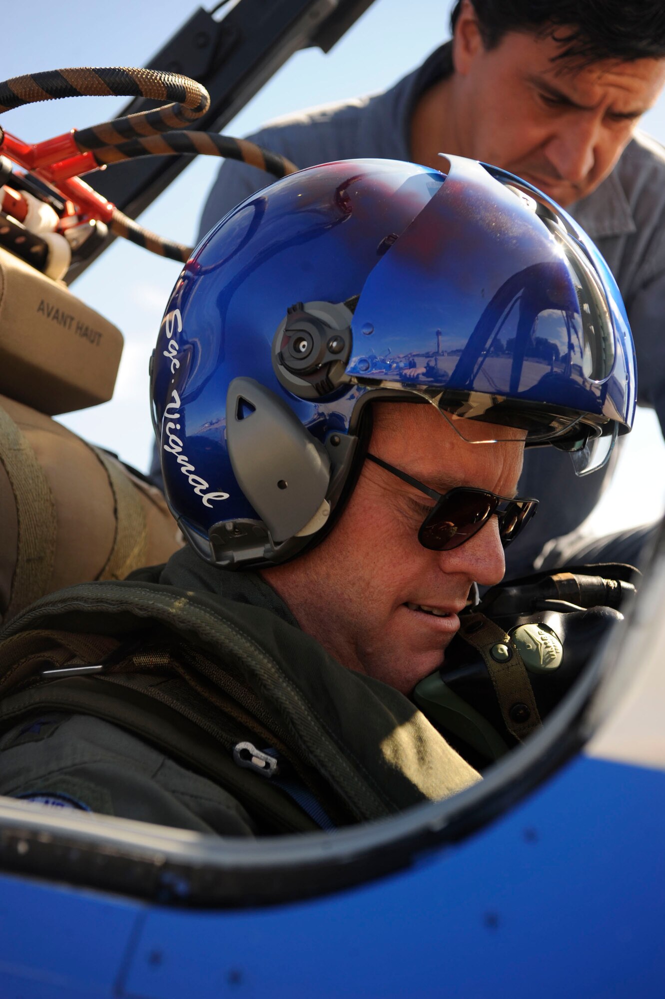 Major General Johnny A. Weida readies himself for a ride with the Patrouille Acrobatique de France ("French Acrobatic Patrol").  The precision acrobatic team provided this unique incentive flight during their visit to the United States to perform a flyover at Yorktown, Va., as a tribute to the age-old alliance between the two countries.  General Weida is the assistant deputy chief of staff for operations, plans and requirements, Headquarters U.S. Air Force, Washington, D.C., and also served as a member of the U.S. Air Force Thunderbirds aerial demonstration team at Nellis AFB, Nev. (U.S. Air Force photo by Senior Airman Steven R. Doty)