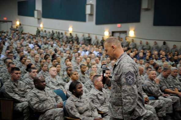 Chief Master Sgt. of the Air Force James A. Roy speaks with the enlisted force Oct. 7, 2009, at Joint Base Andrews Naval Air Facility Washington. Chief Roy and his wife, Paula Roy, spent the day visiting a variety of squadrons on base to speak with Airmen personally about his missions and goals as chief master sergeant of the Air Force. Chief Roy took time to respond to concerns from the enlisted corps ranging from the new physical training requirements to deployment taskings and the enlisted performance reports. (U.S. Air Force photo/Senior Airman Steven R. Doty) 