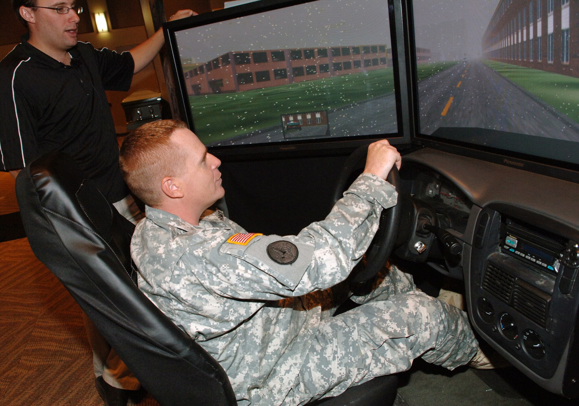 Buckley Air Force Base, Colo.—Sgt.1st Class Lee Smith, 743rd Military Intelligence Battalion, drives an alcohol simulator during the Save-a-Life tour at Buckley’s Leadership Development Center Oct. 8. (U.S. Air Force photo by Tech. Sgt. Shirley Henderson)