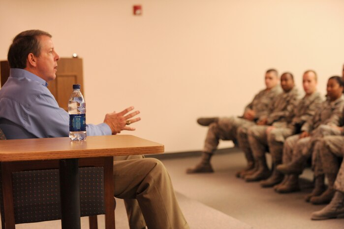 NELLIS AIR FORCE BASE, Nev.--The 15th Chief Master Sergeant of the Air Force, Chief Rodney McKinley, speaks to the Airman Leadership School class 09-G at the lecture hall in the ALS building, here, Oct. 8. Chief McKinley visited several locations at Nellis, including the Crosswinds Inn, the 57th Information Aggressor Squadron and Airman Leadership School. (U.S. Air Force photo by Airman 1st Class Jamie Nicley)