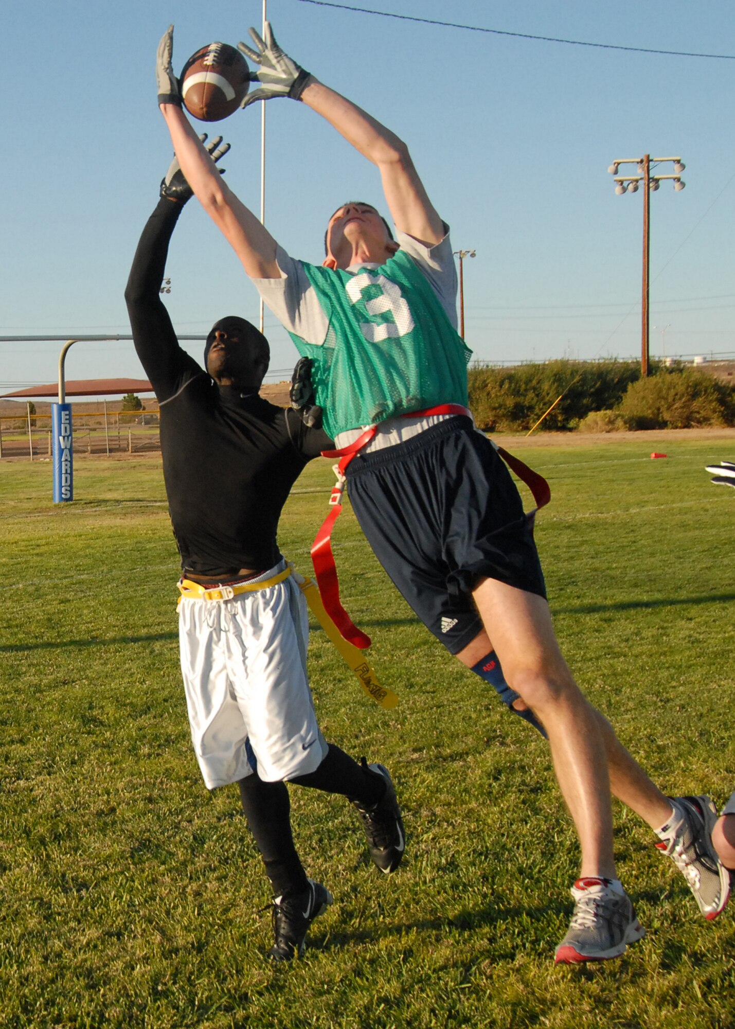 The 95th Medical Group pulled off a two-point win over the 412th Electronic Warfare Group 14-12 in intramural football at Wings Field here Oct. 6. (Air Force photo/Airman 1st Class William A. O'Brien)