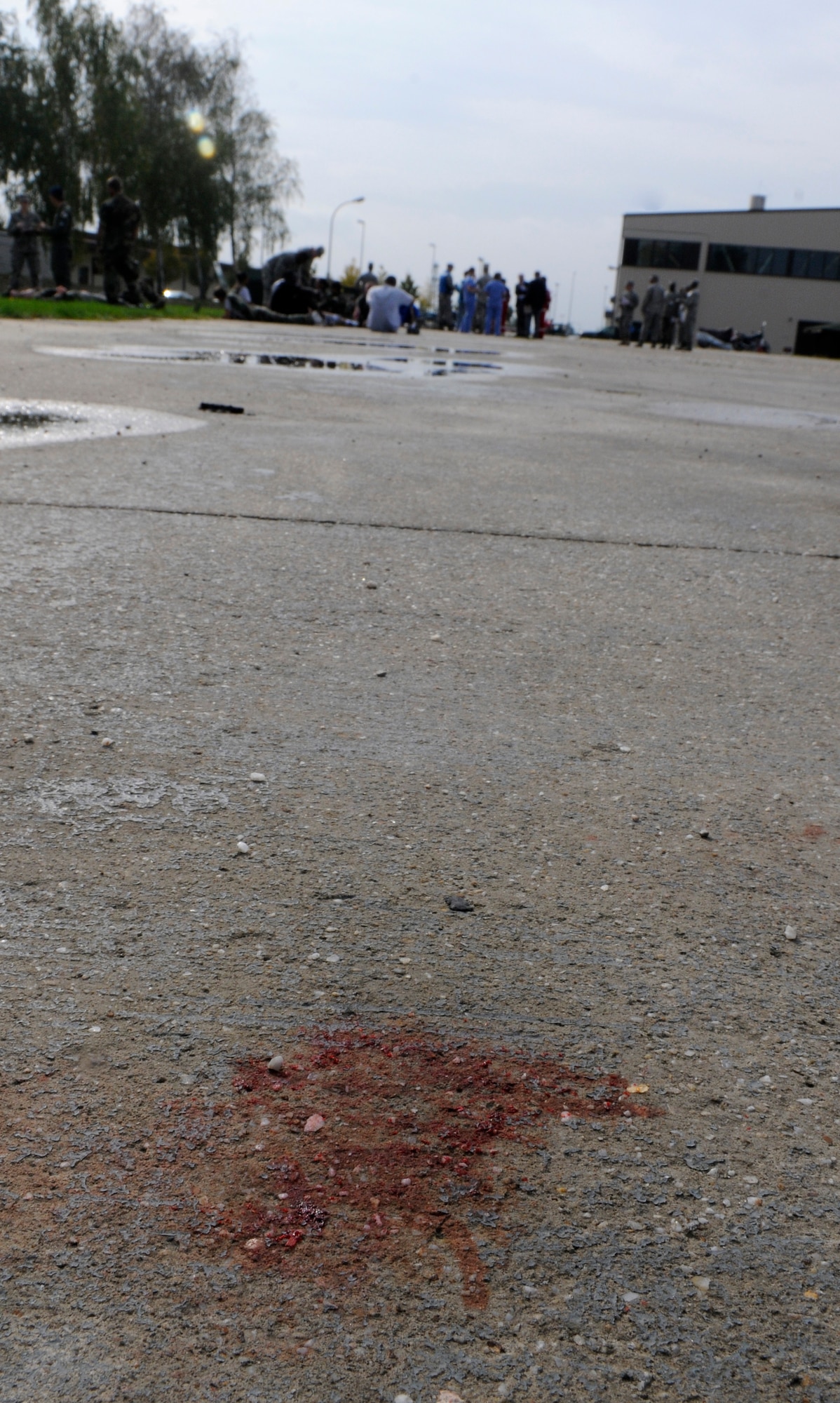 SPANGDAHLEM AIR BASE, Germany – Simulated blood splatter is left behind during an all hazards response training emergency management and mass casualty exercise Oct. 7. (U.S. Air Force photo/Airman 1st Class Staci Miller)