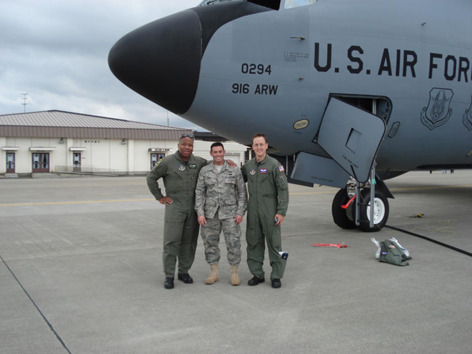 SEYMOUR JOHNSON AIR FORCE BASE, N.C. --   Maj. Don Dunn,  Master Sgt. Chad Rayle and Maj. Robert Talton after refueling the Thunderbirds. All are members of the 916th Air Refueling Wing.                   