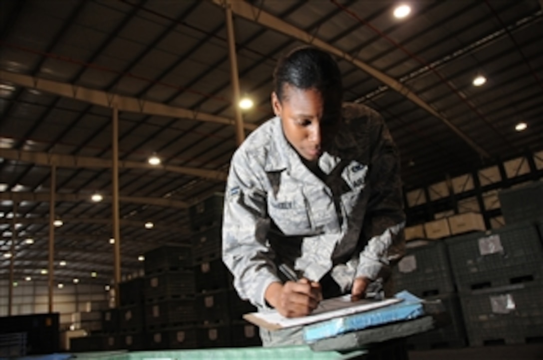 U.S. Air Force Airman 1st Class Lateshia Blakely, a readiness technician with the 379th Expeditionary Logistics Readiness Squadron, takes inventory of individual body armor plates in storage at the expeditionary theater distribution center warehouse at a location on Oct. 1, 2009.  The expeditionary theater distribution center warehouse stores mobility equipment to be issued to service members as they deploy to forward bases.  