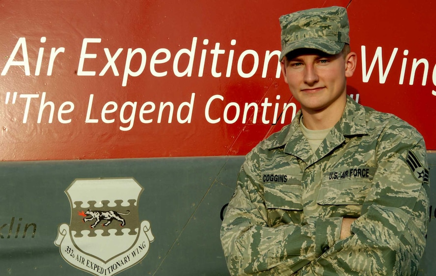 JOINT BASE BALAD, Iraq – Senior Airman Guy Coggins, 64th Expeditionary Rescue Squadron intelligence analyst, is the 332nd Air Expeditionary Wing's Tuskegee Airman of the Week for Sept. 27 to Oct. 3. One of Airman Coggins’ distinctive accomplishments was enabling 132 direct-action operations and assisting in neutralizing approximately 200 enemy personnel. (U.S. Air Force photo/Senior Airman Andria J. Allmond)