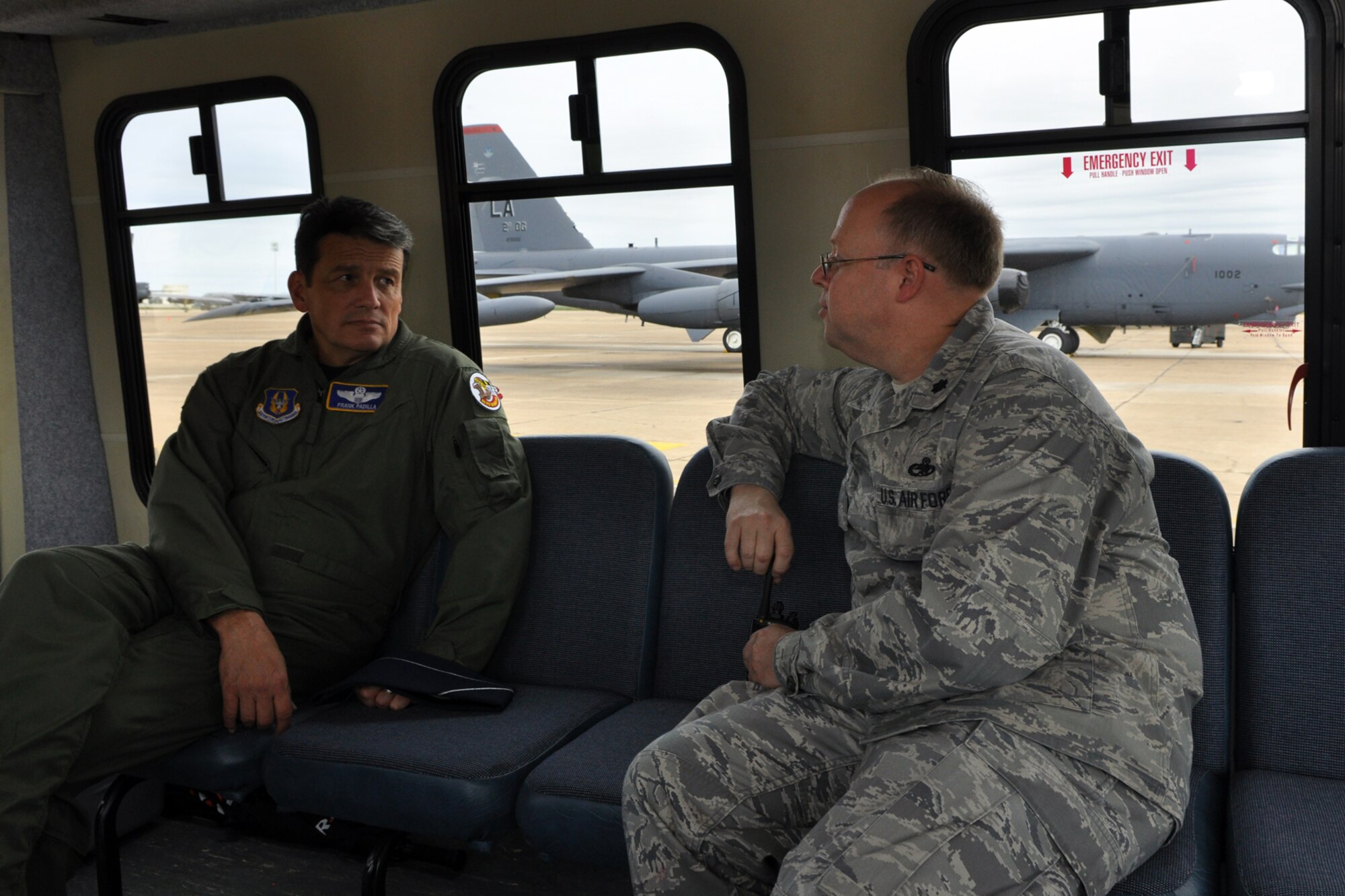 Maj. General Frank Padilla, 10th Air Force, commander, discusses with Lt. Col. Jeffrey Mullens, 917th Maintenance Group, commander, the future commitments of the 917th Wing with during the general’s visit to Barksdale Air Force Base, La., October 7, 2009. Recently appointed, the 10th Air Force Commander is taking the opportunity to visit the 917th Wing and other commands under the 10 AF umbrella. (U.S. Air Force photo/Tech. Sgt. Jeff Walston) 