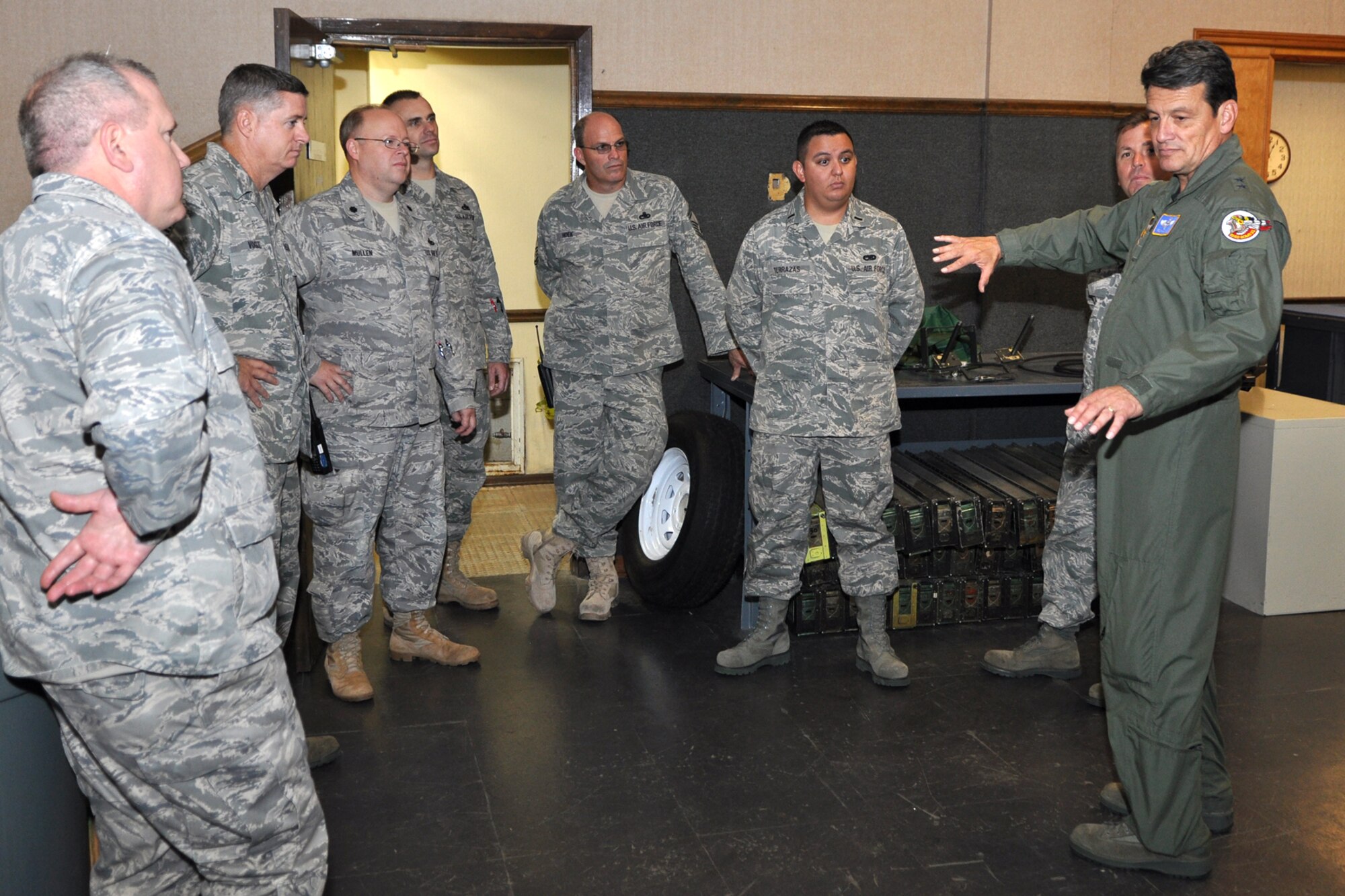 Maj. General Frank Padilla, 10th Air Force, commander, swaps “war stories” with members of the 917th Maintenance Group at Hangar One during a tour of 917th Wing facilities at Barksdale Air Force Base, La., October 7, 2009. Recently appointed, the 10th Air Force Commander is taking the opportunity to visit the 917th Wing and other commands under the 10 AF umbrella to gain additional knowledge of the individual missions of the units under his command. A major portion of the general’s visit to the 917th Wing was spent interacting with Airmen, listening and asking questions concerning the 917th Wings mission and future commitments. (U.S. Air Force photo/Tech. Sgt. Jeff Walston)