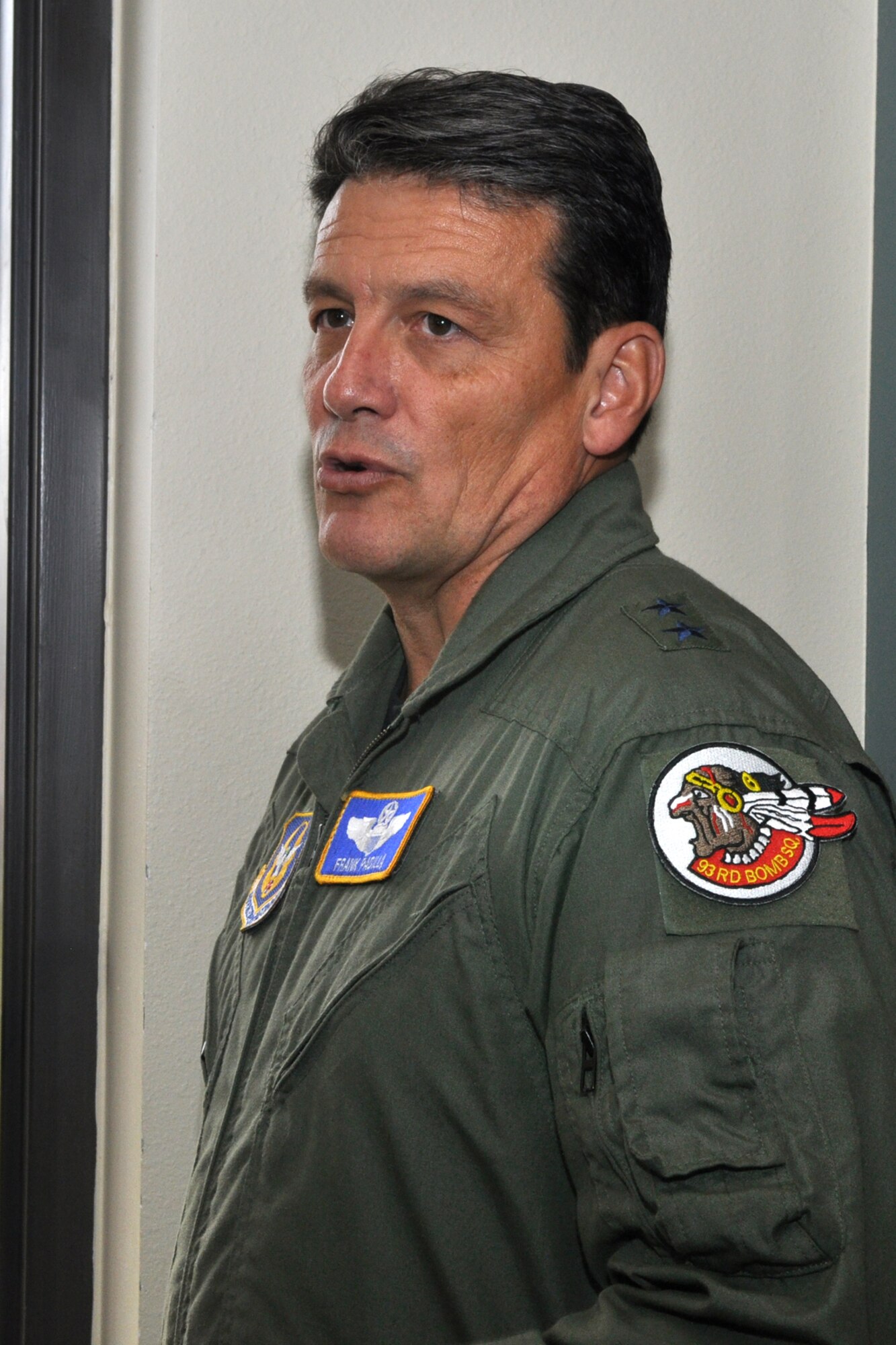 Maj. General Frank Padilla, 10th Air Force, commander, sports a historical 93rd Bomb Squadron patch during a visit to the 93rd BS headquarters building of the 917th Wing at Barksdale Air Force Base, La., October 7, 2009. The design dates back to when the 93rd BS was the 93rd Aero Squadron deployed to Vaucouleurs, France, during World War I. Recently appointed, the 10th Air Force Commander is taking the opportunity to visit the 917th Wing and other commands under the 10 AF umbrella. (U.S. Air Force photo/Tech. Sgt. Jeff Walston) 