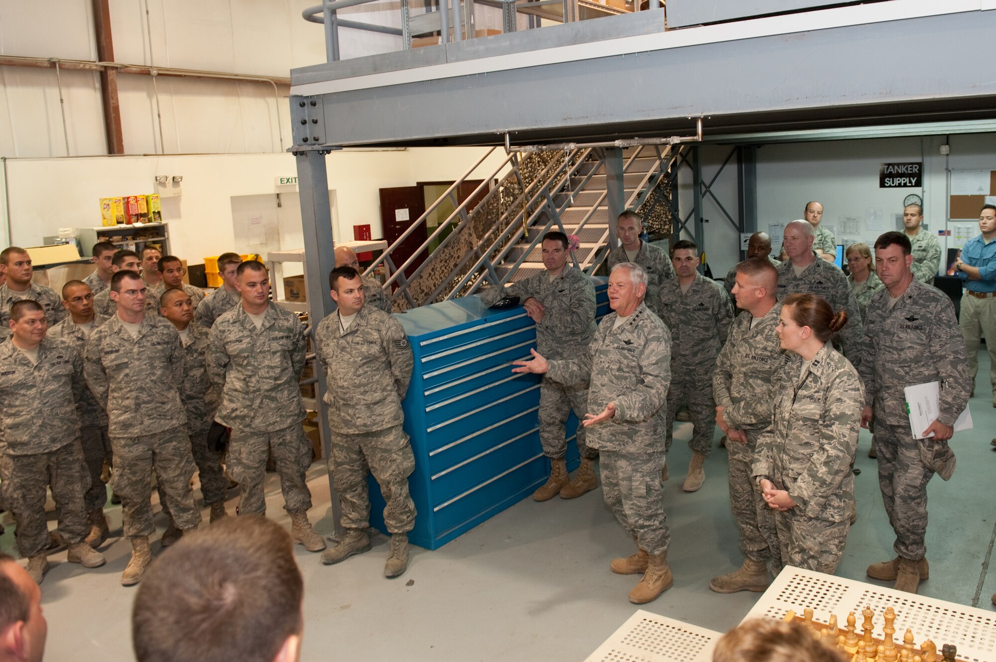 Gen. Arthur Lichte, Air Mobility Command commander, visits with 340th Aircraft Maintenance Unit personnel and thanks them for an ‘outstanding job’ maintaining KC-135 Stratotankers, Wednesday, in Southwest Asia. (U.S. Air Force photo/Staff Sgt. Robert Barney)
