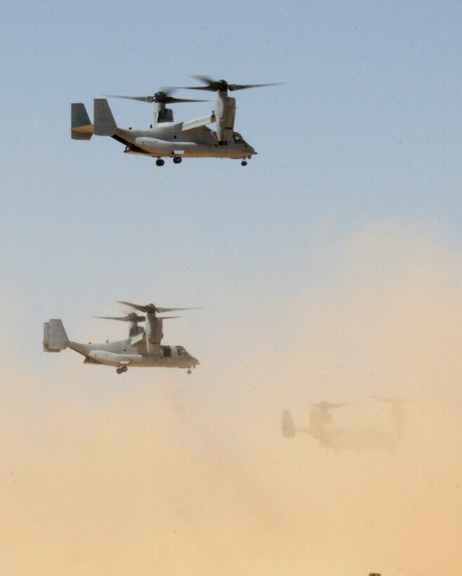 Three MV-22B Ospreys from Marine Medium Tiltrotor Squadron 263 (Reinforced), 22nd Marine Expeditionary Unit, land at a bivouac site during Exercise Bright Star 2009 in Egypt Oct. 11, 2009. The multinational exercise is designed to improve readiness, interoperability, and strengthen the military and professional relationships among U.S., Egyptian and participating forces. Bright Star is conducted by U.S. Central Command and held every two years. Elements of the 22nd MEU are currently are participating in the multi-national exercise while serving as the theater reserve force for U.S. Central Command.::r::::n::(Official Marine Corps photo by Cpl. Theodore W. Ritchie)::r::::n::