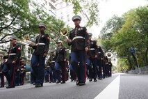 Marines with the Marine Forces Reserve Ceremonial Band from New Orleans perform at the 65th Annual Columbus Day Parade in New York City, Oct. 12, 2009. Thousands cheered as the band played patriotic musical selections while marching up Fifth Avenue. (Official Marine Corps photo by Cpl Clifton D. Sams)
