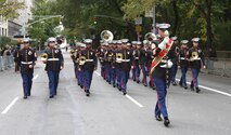 Marines with the Marine Forces Reserve Ceremonial Band from New Orleans perform at the 65th Annual Columbus Day Parade in New York City, Oct. 12, 2009. Thousands cheered as the band played patriotic musical selections while marching up Fifth Avenue. (Official Marine Corps photo by Cpl Clifton D. Sams)