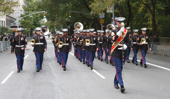 Marines with the Marine Forces Reserve Ceremonial Band from New Orleans perform at the 65th Annual Columbus Day Parade in New York City, Oct. 12, 2009. Thousands cheered as the band played patriotic musical selections while marching up Fifth Avenue. (Official Marine Corps photo by Cpl Clifton D. Sams)