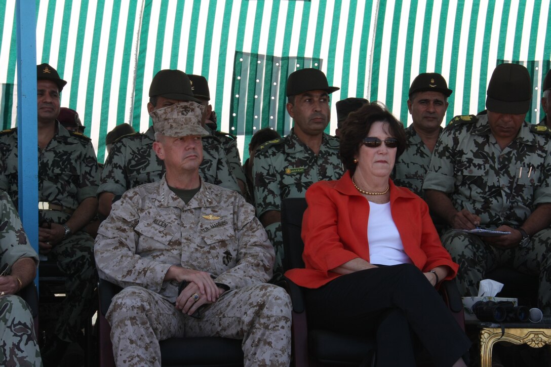 Lt. Gen. John R. Allen, deputy commander, U.S. Central Command, sits with Margaret Scobey, the U.S. Ambassador to Egypt, as they watch an amphibious assault demonstration conducted as part of Bright Star 2009 in Egypt Oct. 12, 2009. The multinational exercise is designed to improve readiness, interoperability, strengthen the military and professional relationships among U.S., Egyptian and participating forces. Bright Star is conducted by U.S. Central Command and held every two years. (Official Marine Corps photo by Staff Sgt. Matt Epright)